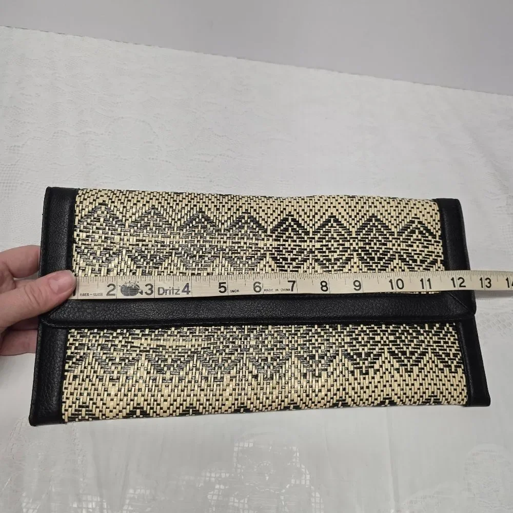 Banana Republic Chevron Straw Clutch Black Vegan Leather Trim Boho Chic NWT